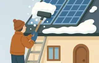 a drawing of a person removing snow off of solar panels on a roof with a broom