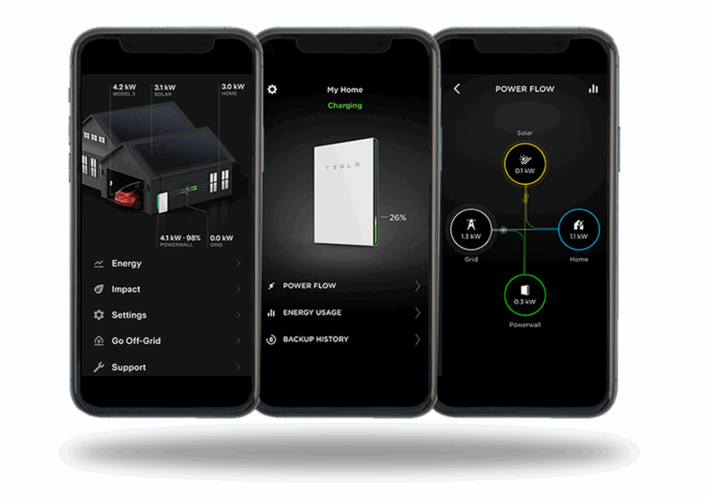 tesla app showing 3 different screens