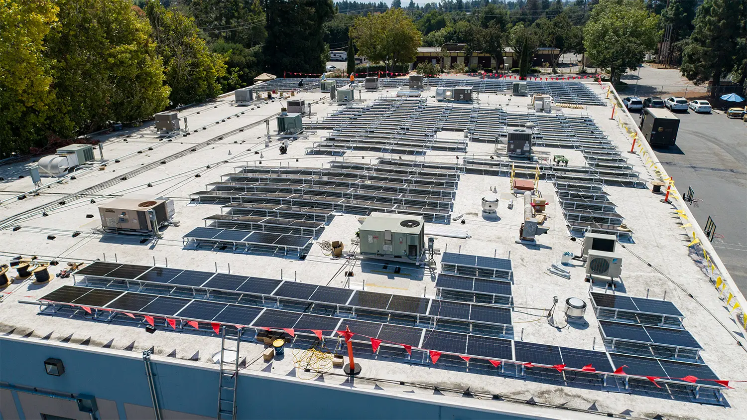 Overhead view of rooftop solar panels at Proteus Industries in Mountain View